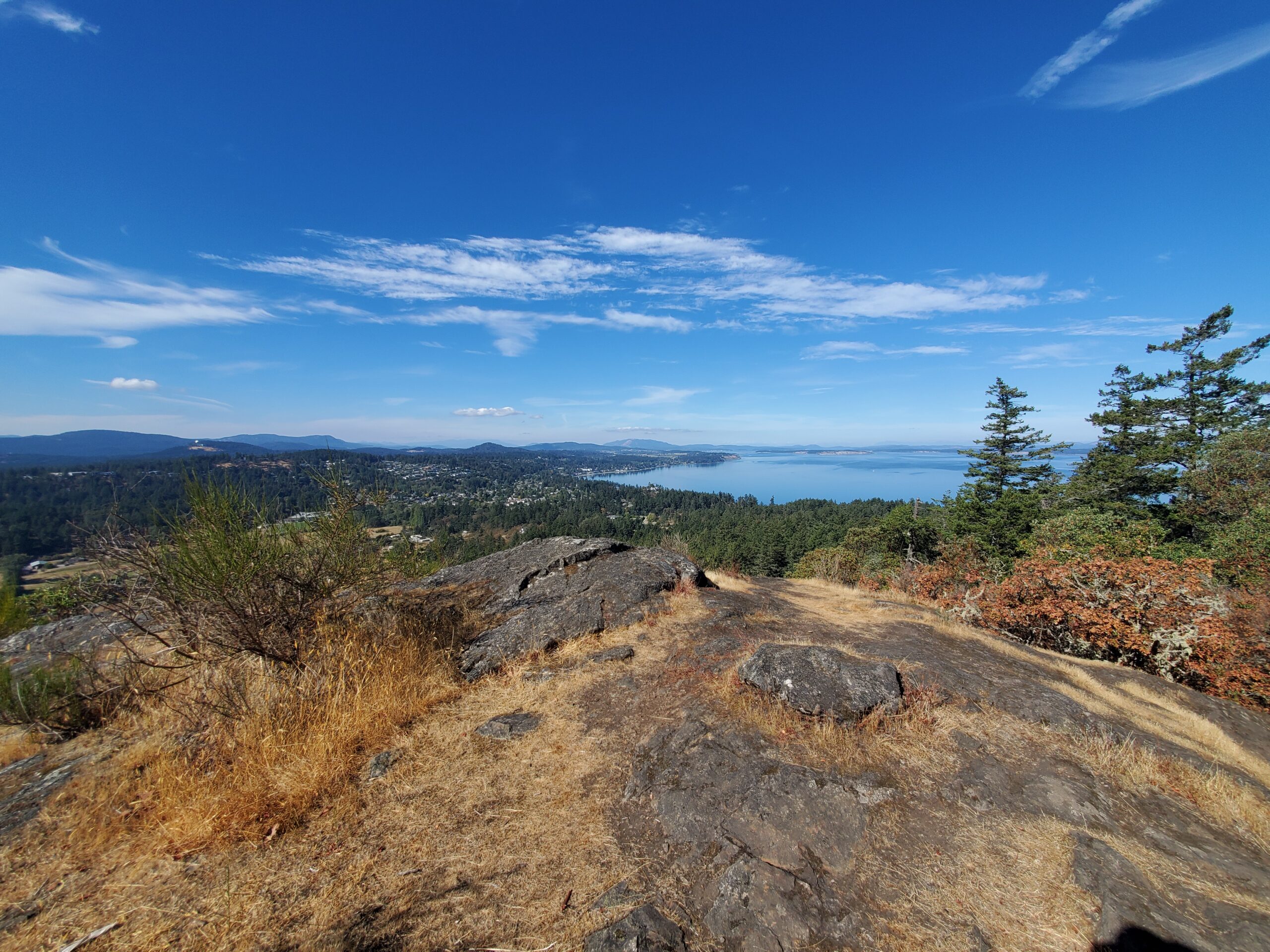 A picture from the top of Mount Douglas facing north. In the image you can see Cordova Bay and further up the island from Mount Douglas.