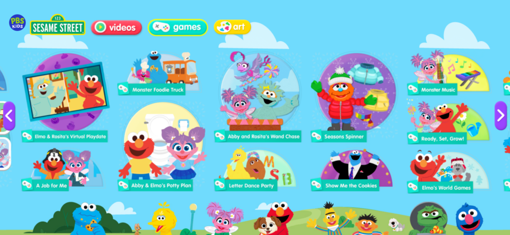 A screenshot taken from pbskids.org showcasing the sesame street games available to young children